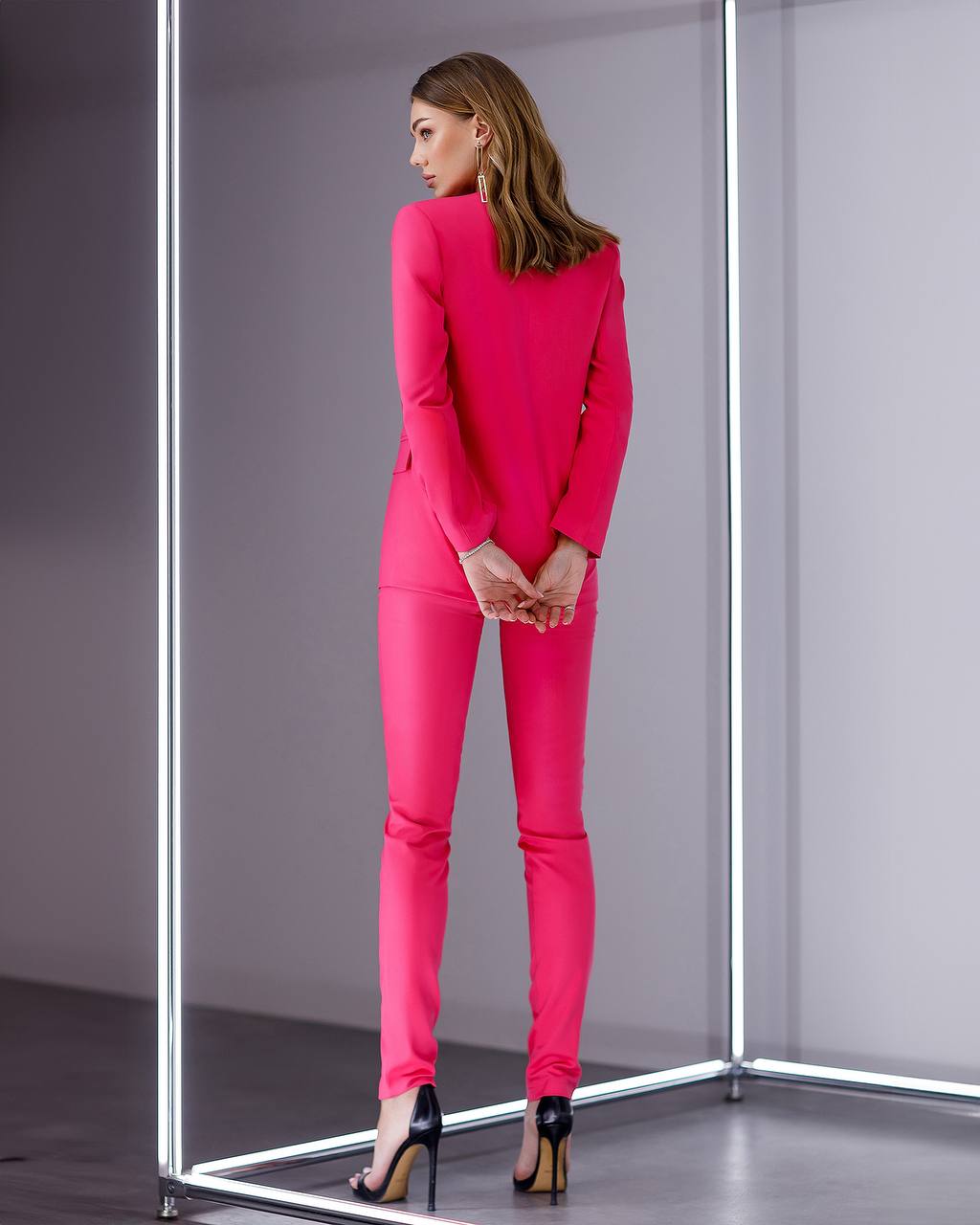 Womens Collarless Suit Jacket with Matching Pants in Raspberry