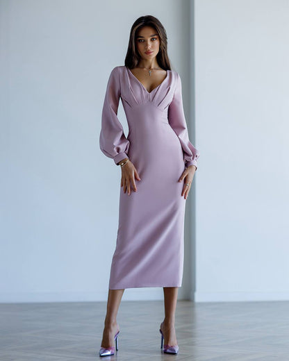 Elegant Long Sleeve Midi Dress in Powder Pink