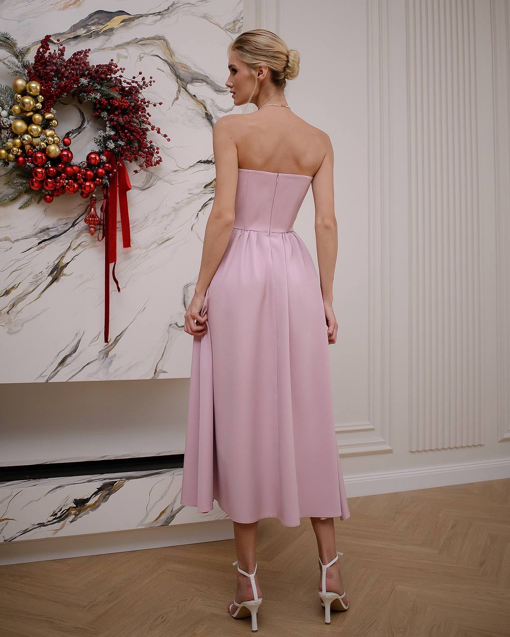 Strapless Midi Dress Women Premium Crepe Fabric Elegant Cocktail Dress