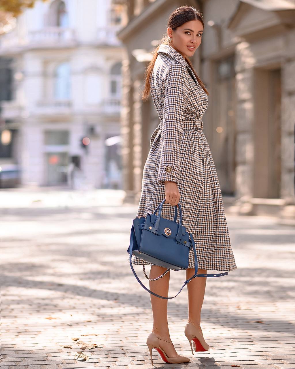 Womens Turkish Fabric Houndstooth Pattern Long Coat with Belt