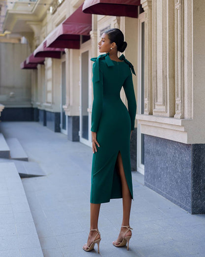 Elegant Emerald Green Long Sleeve Dress with Shoulder Bow Detail
