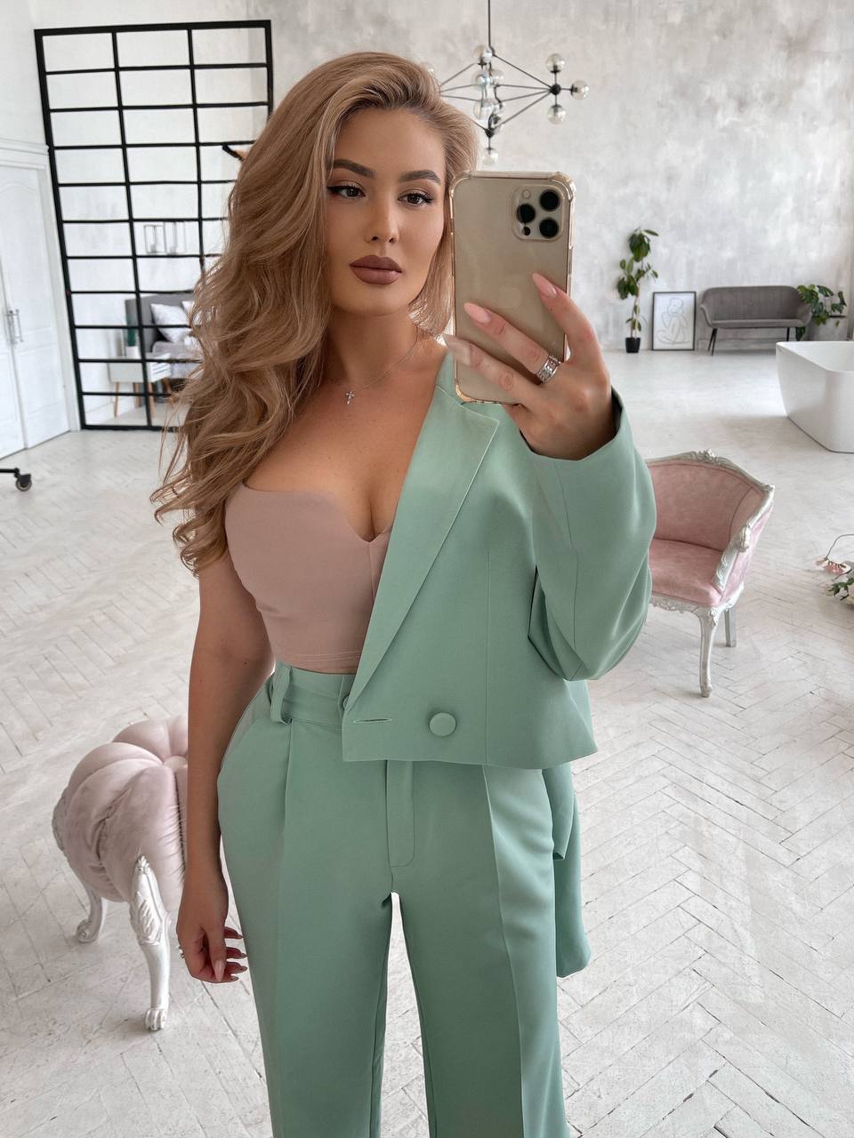 Womens Cropped Jacket Suit With High Waist Slit Trousers
