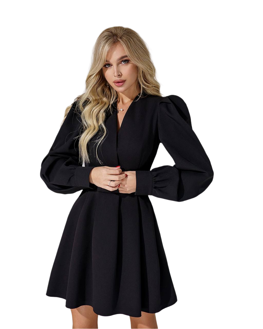 Black Women Puff Sleeve Dress with Flared Skirt