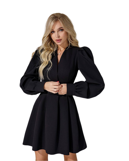 Black Women Puff Sleeve Dress with Flared Skirt