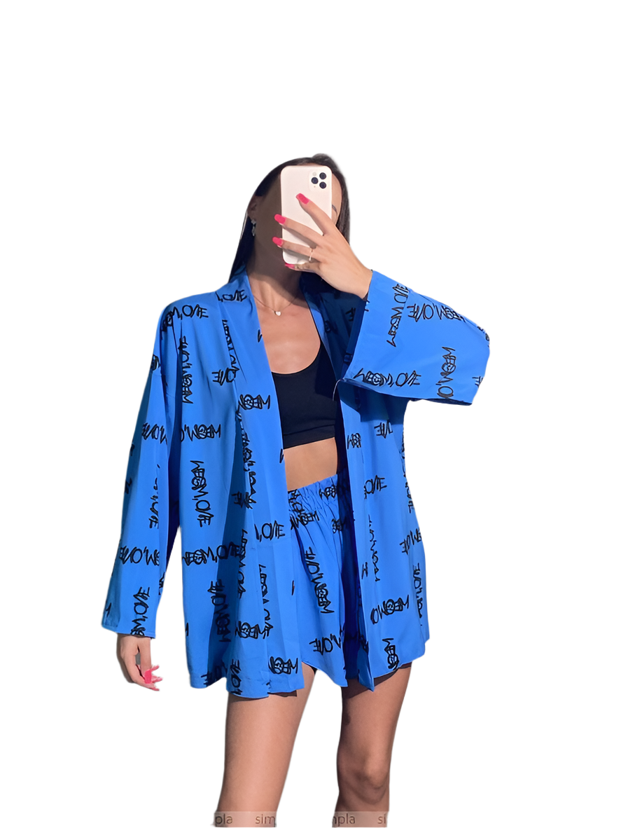Stylish Blue Soft Fabric Two-Piece Set with Elastic Waist Shorts and Belt