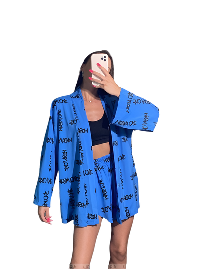 Stylish Blue Soft Fabric Two-Piece Set with Elastic Waist Shorts and Belt