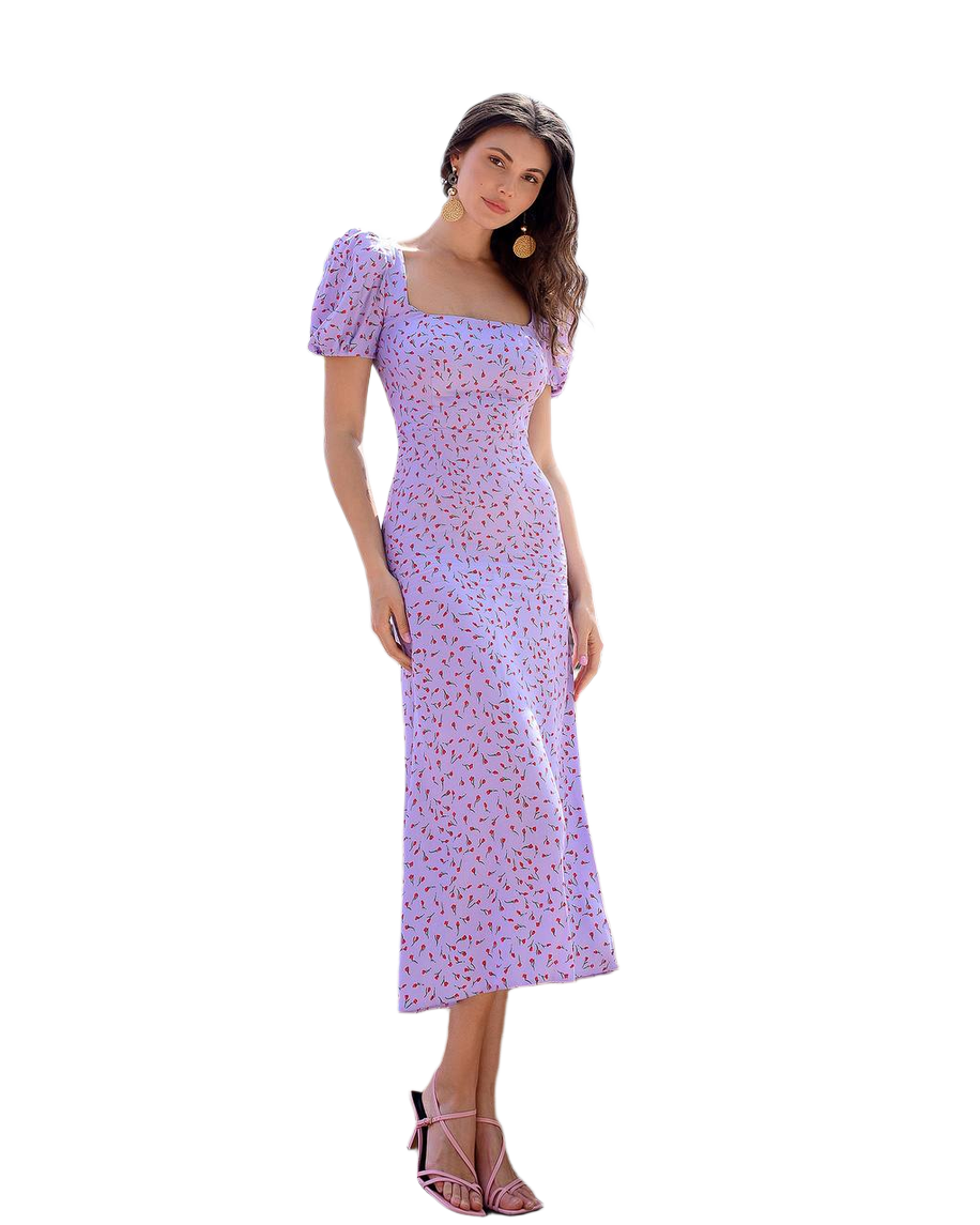 Elegant Tulip Print Dress in Lavender with Square Neck and Puff Sleeves