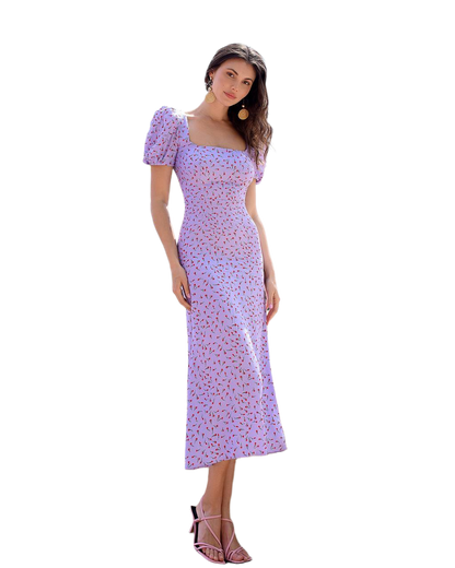 Elegant Tulip Print Dress in Lavender with Square Neck and Puff Sleeves