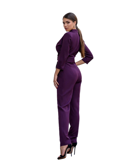 Woman wearing a purple outfit on a white background