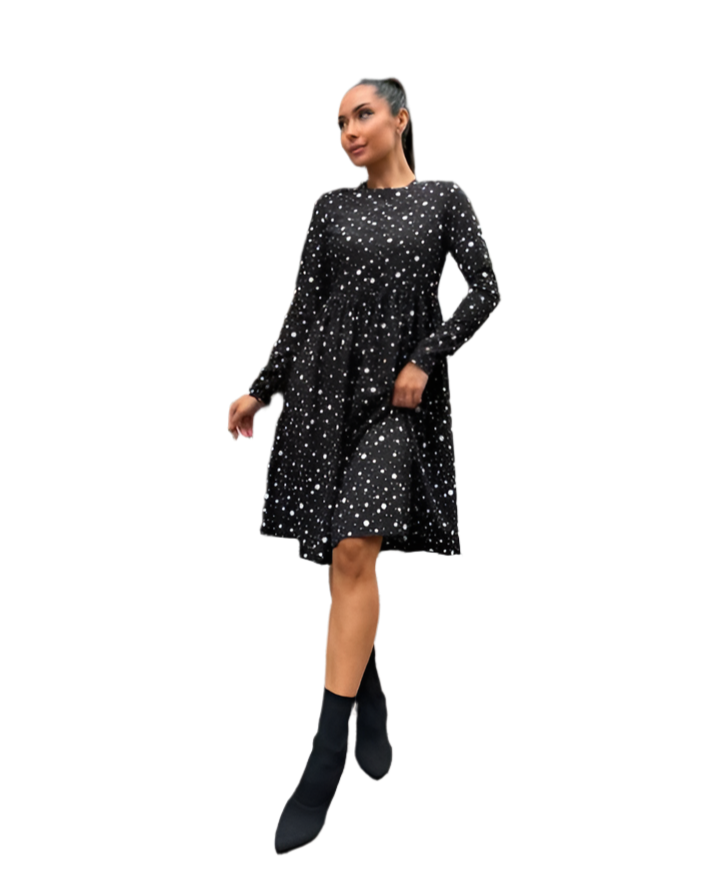 Black Midi Dress with Polka Dots and Functional Buttons