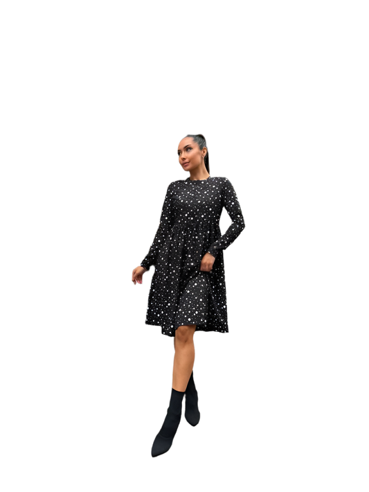 Black Midi Dress with Polka Dots and Functional Buttons