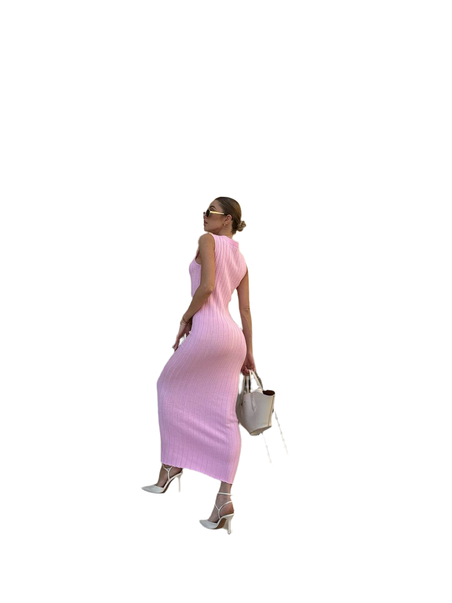 Woman wearing a pink dress on a white background