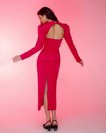 Elegant Mango Satin Midi Dress with Back Cutout in Pink