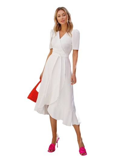 Elegant White Midi Dress for Women with Ruffle Hem and Short Sleeves