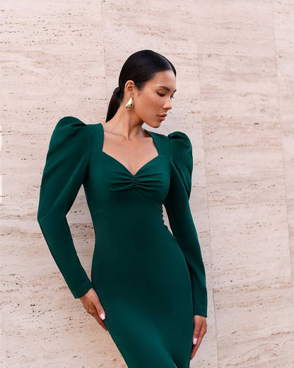 Elegant Green Midi Dress with Puff Sleeves and Front Slit for Women