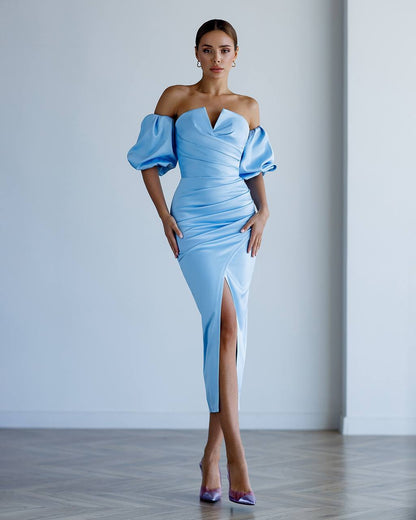 Elegant Royal Satin Midi Dress for Women with Puff Sleeves in Sky Blue