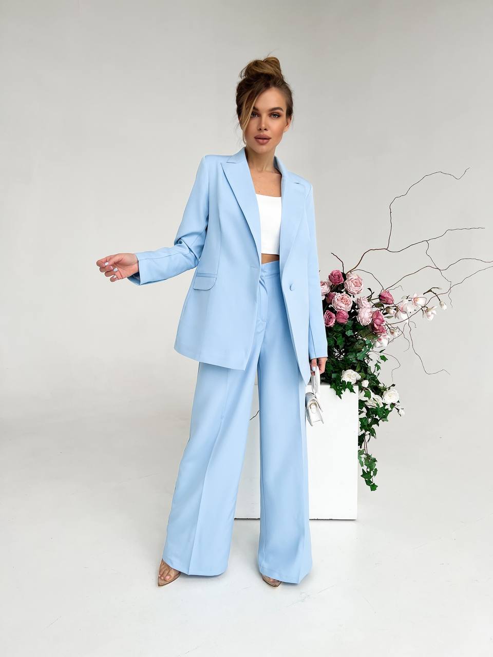 Sky Blue Palazzo Suit Diagonal Crepe Lined Blazer Wide Leg Pants