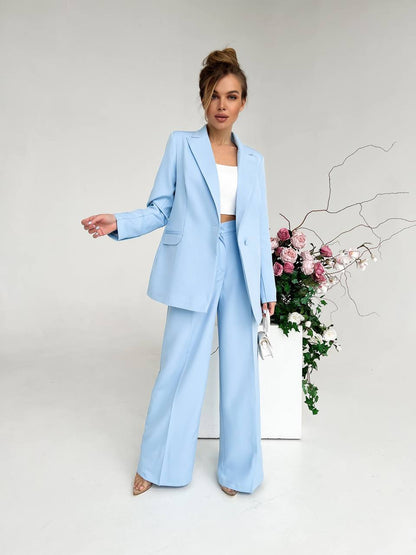 Sky Blue Palazzo Suit Diagonal Crepe Lined Blazer Wide Leg Pants