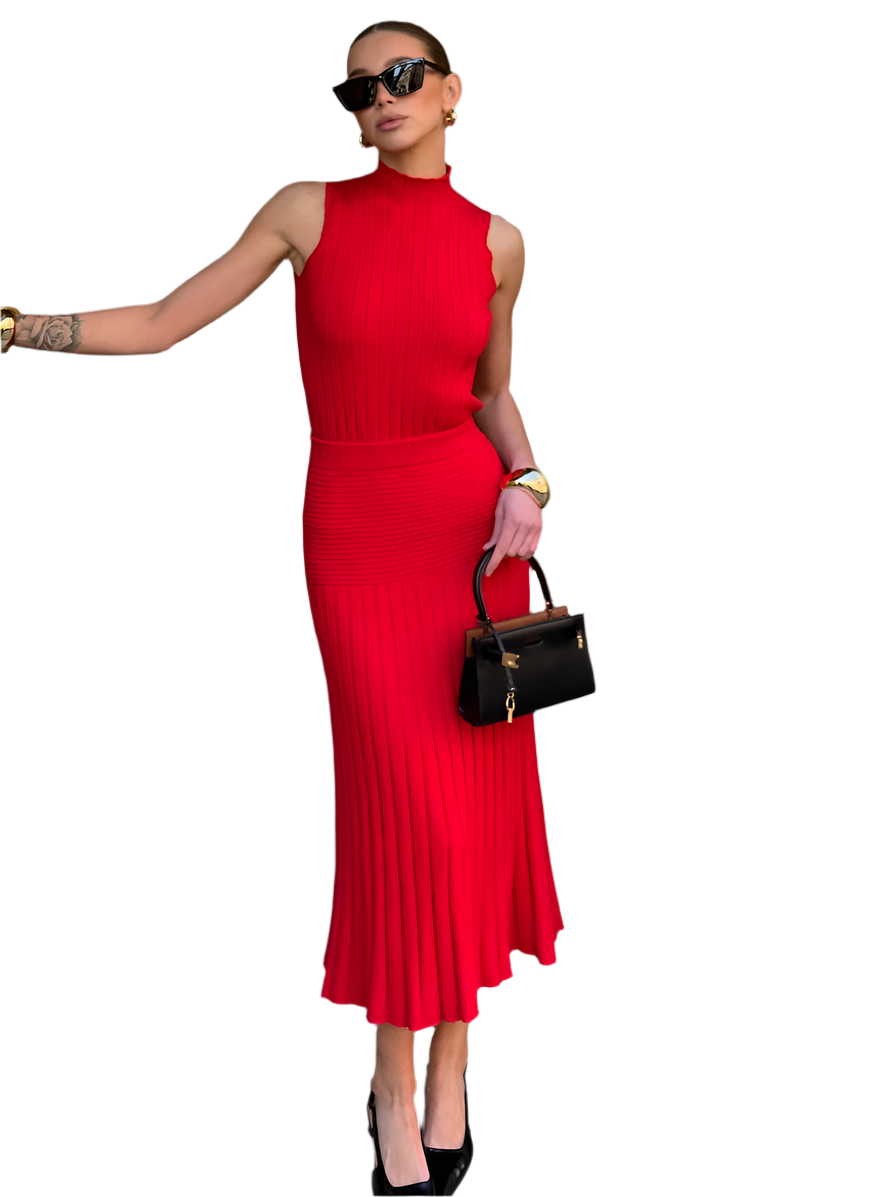 Knitted Sleeveless Top and Pleated Skirt Suit for Women