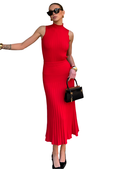 Knitted Sleeveless Top and Pleated Skirt Suit for Women