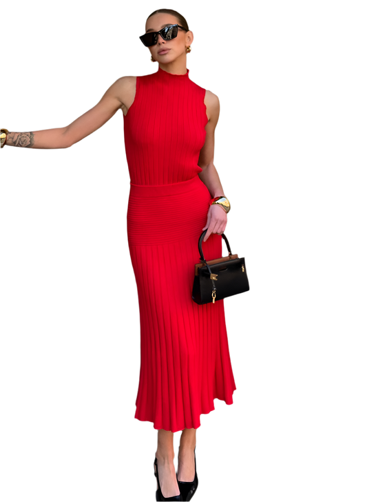 Knitted Sleeveless Top and Pleated Skirt Suit for Women