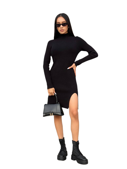 Knitted Seamless Lady Dress with Side Slit in Black