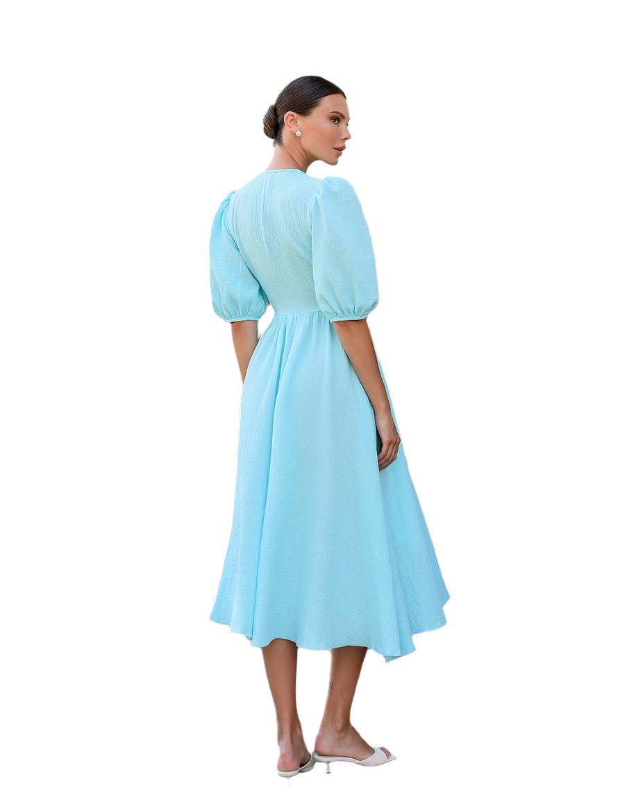 Women's Muslin Midi Dress with Puff Sleeves in Milky Blue Lavender