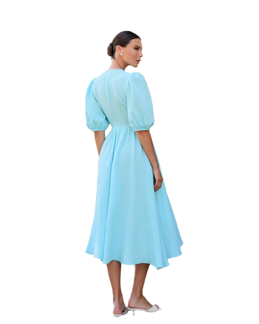 Women's Muslin Midi Dress with Puff Sleeves in Milky Blue Lavender
