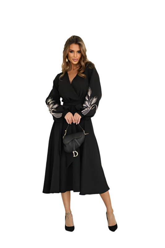Elegant Black Midi Dress with Embroidered Sleeves for Special Occasions