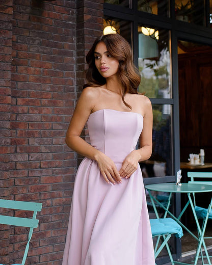 Strapless Midi Dress Women Premium Crepe Fabric Elegant Cocktail Dress