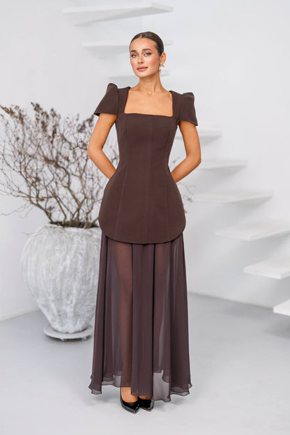 Chocolate Brown Peplum Dress with Chiffon Skirt Diagonal Crepe Evening Gown