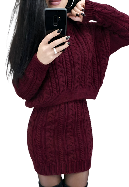 Person wearing a burgundy cable knit dress holding a phone.
