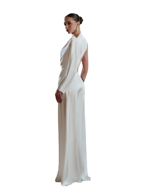 Woman wearing a white one-shoulder gown on a white background