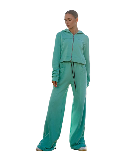 Womens Mint Green Relaxed Fit Hoodie and Wide Leg Pants Set