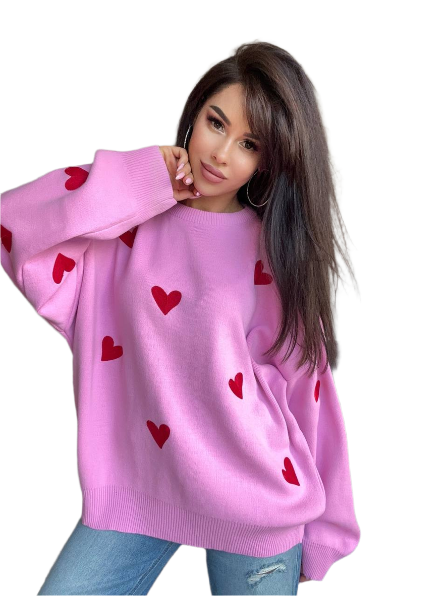 Pink Sweater with Red Heart Embroidery for Women