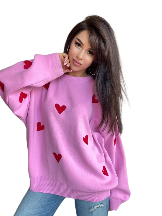 Pink Sweater with Red Heart Embroidery for Women