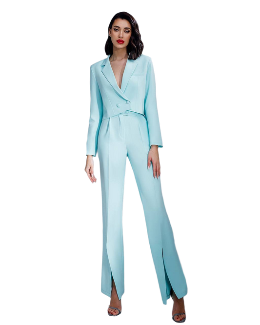 Women's Cropped Jacket Suit in Light Blue Premium Crepe Fabric