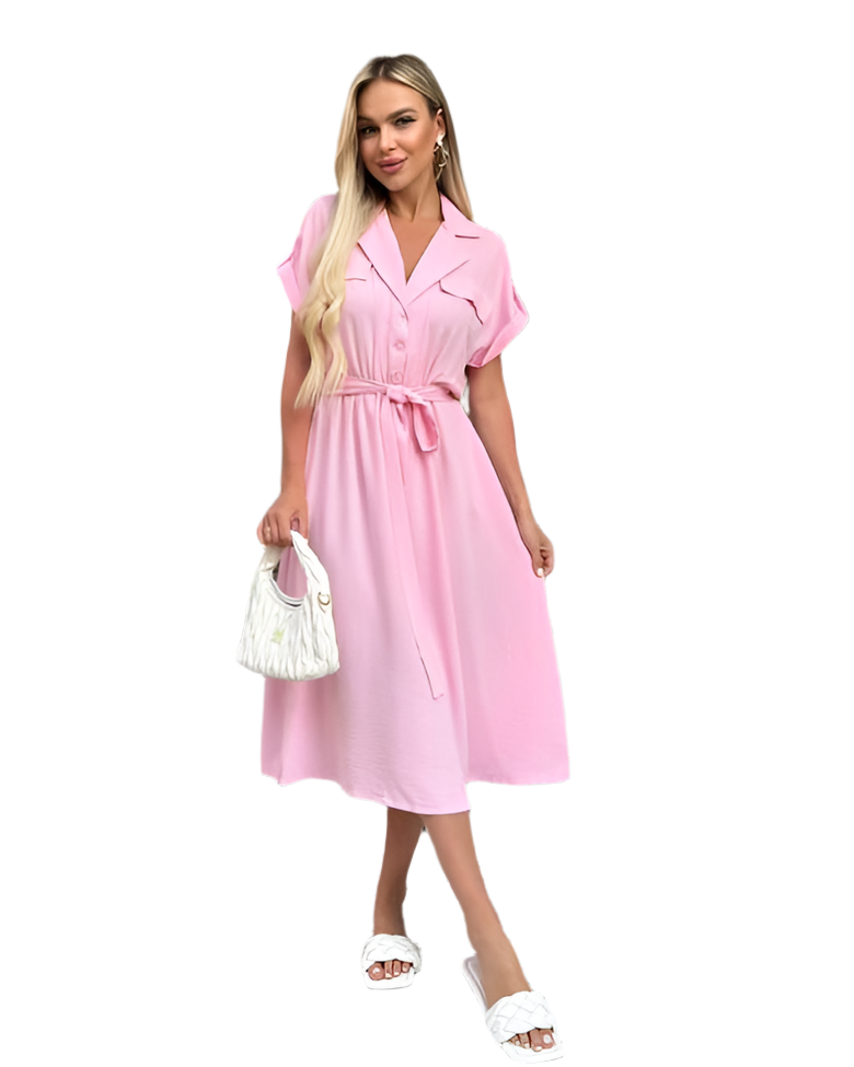 Light Pink Summer Dress with Elastic Waist and Side Pockets