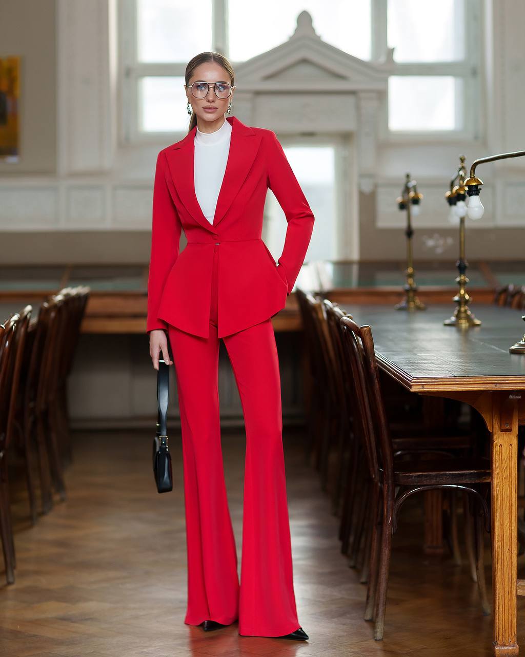 Premium Diagonal Crepe Women's Peplum Suit in Red