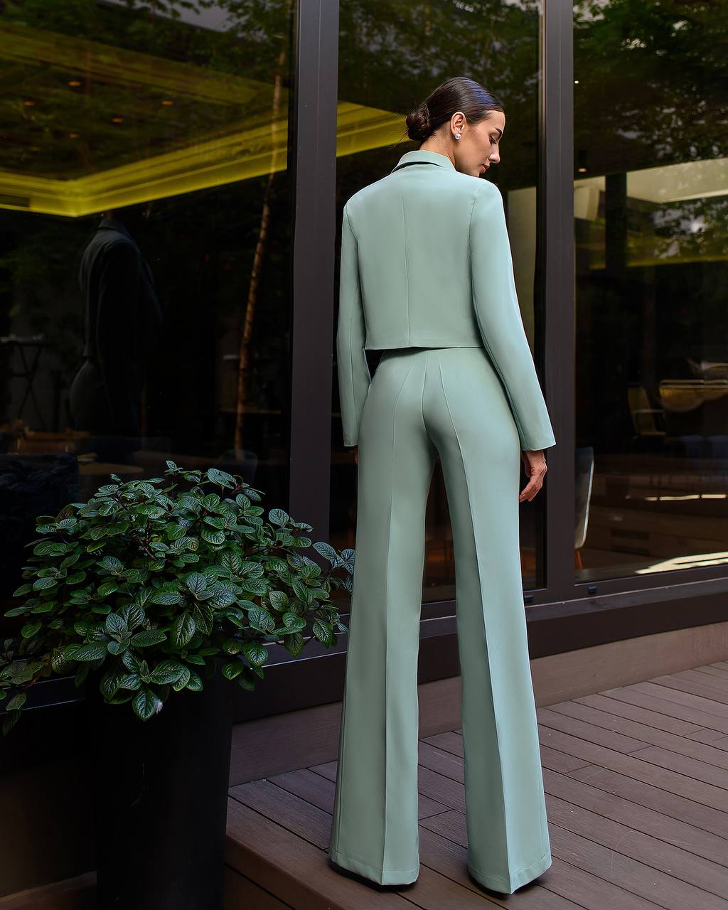 Womens Cropped Jacket Suit With High Waist Slit Trousers