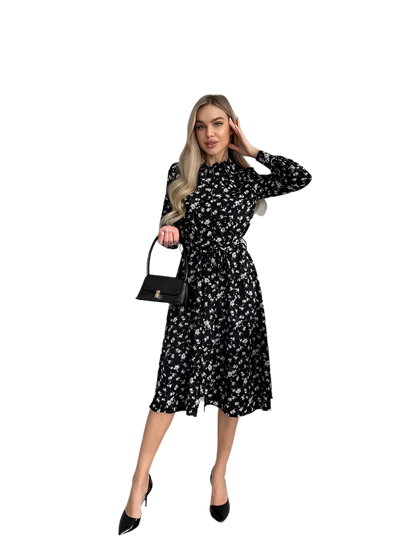 Spring Floral Print Midi Dress in Black with Long Sleeves