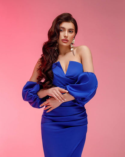 Royal Satin Midi Dress with Puff Sleeves in Electric Blue