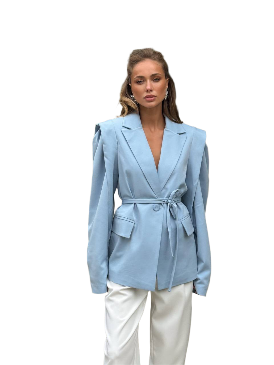 Womens Fitted Blue Suiting Blazer with Waist Tie and Structured Shoulders