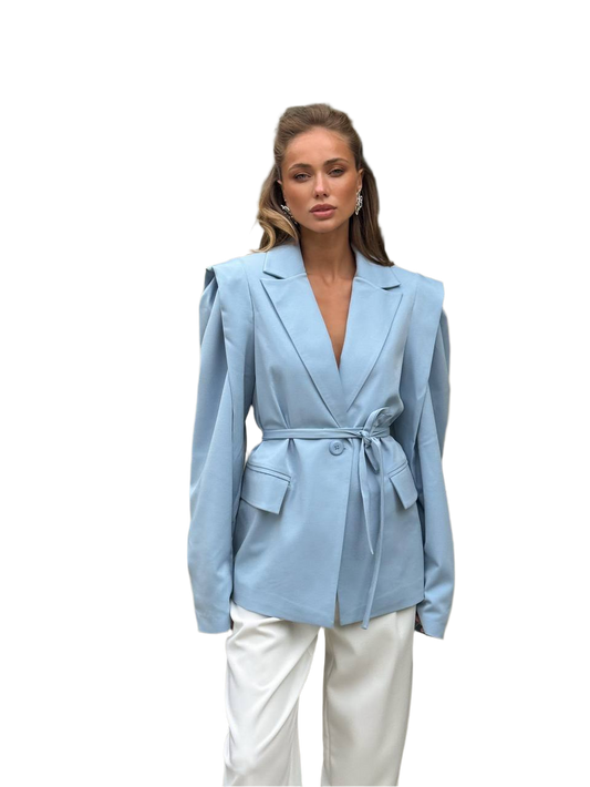 Womens Fitted Blue Suiting Blazer with Waist Tie and Structured Shoulders