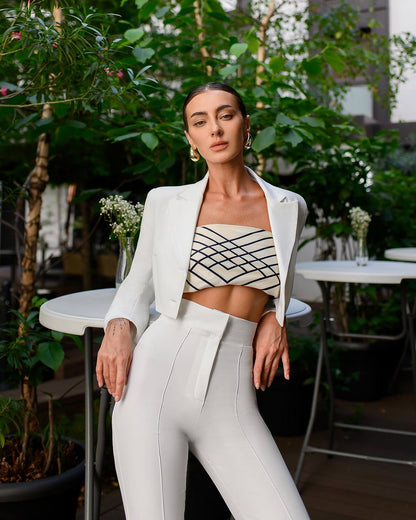 Premium Diagonal Crepe Women's Suit Blazer with Lining and Trousers in White