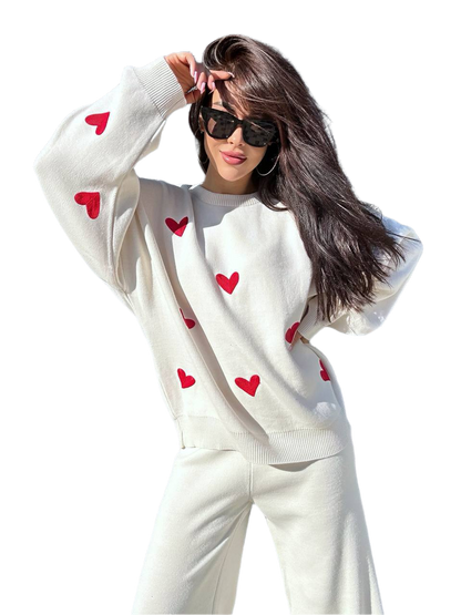 Valeri Women Sweater and Pants Set with Red Embroidered Hearts