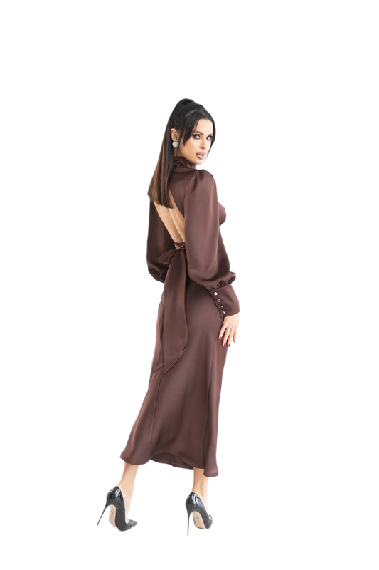 Elegant Backless Satin Dress for Women in Chocolate Color