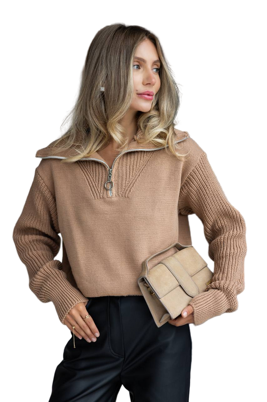 Camel Half Zip Wool Blend Sweater Women Cozy Knit Pullover