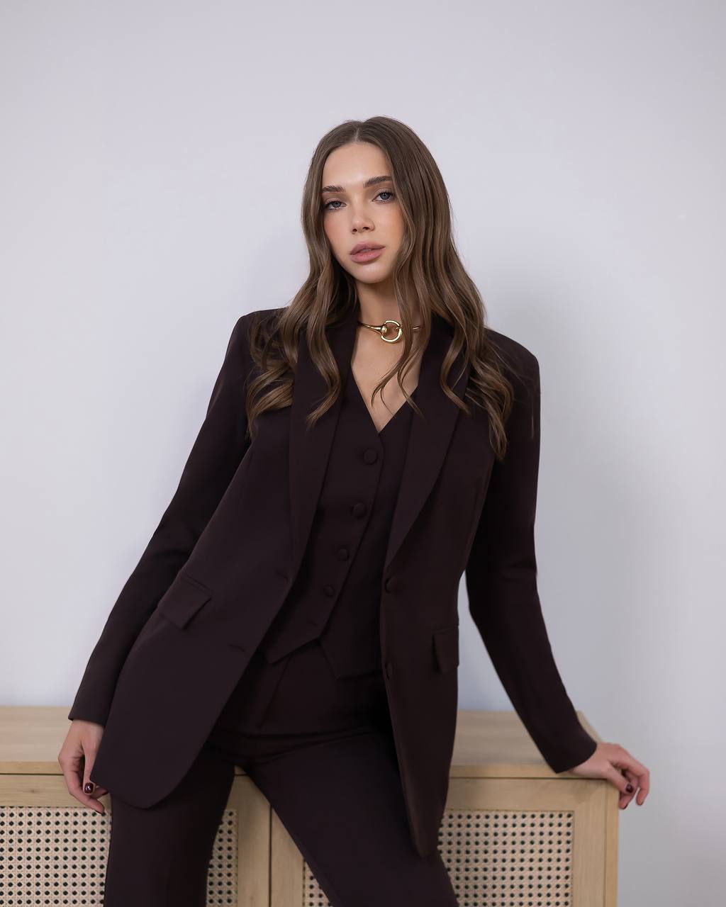 Womens Three Piece Suit with Vest and Trousers in Diagonal Crepe