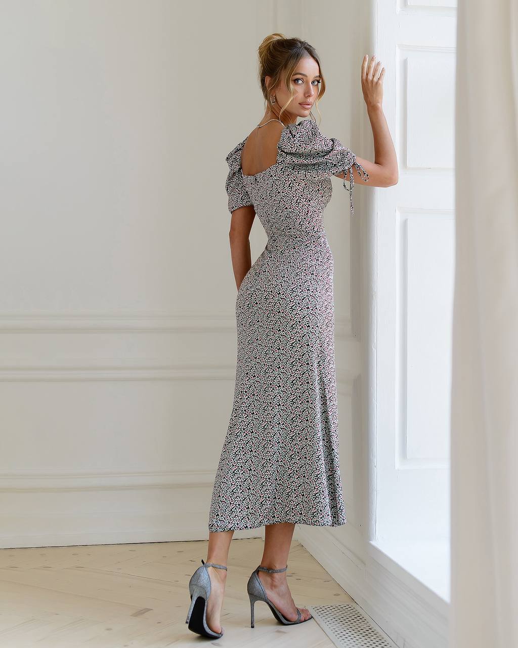 Printed Silk Puff Sleeve Midi Dress for Women